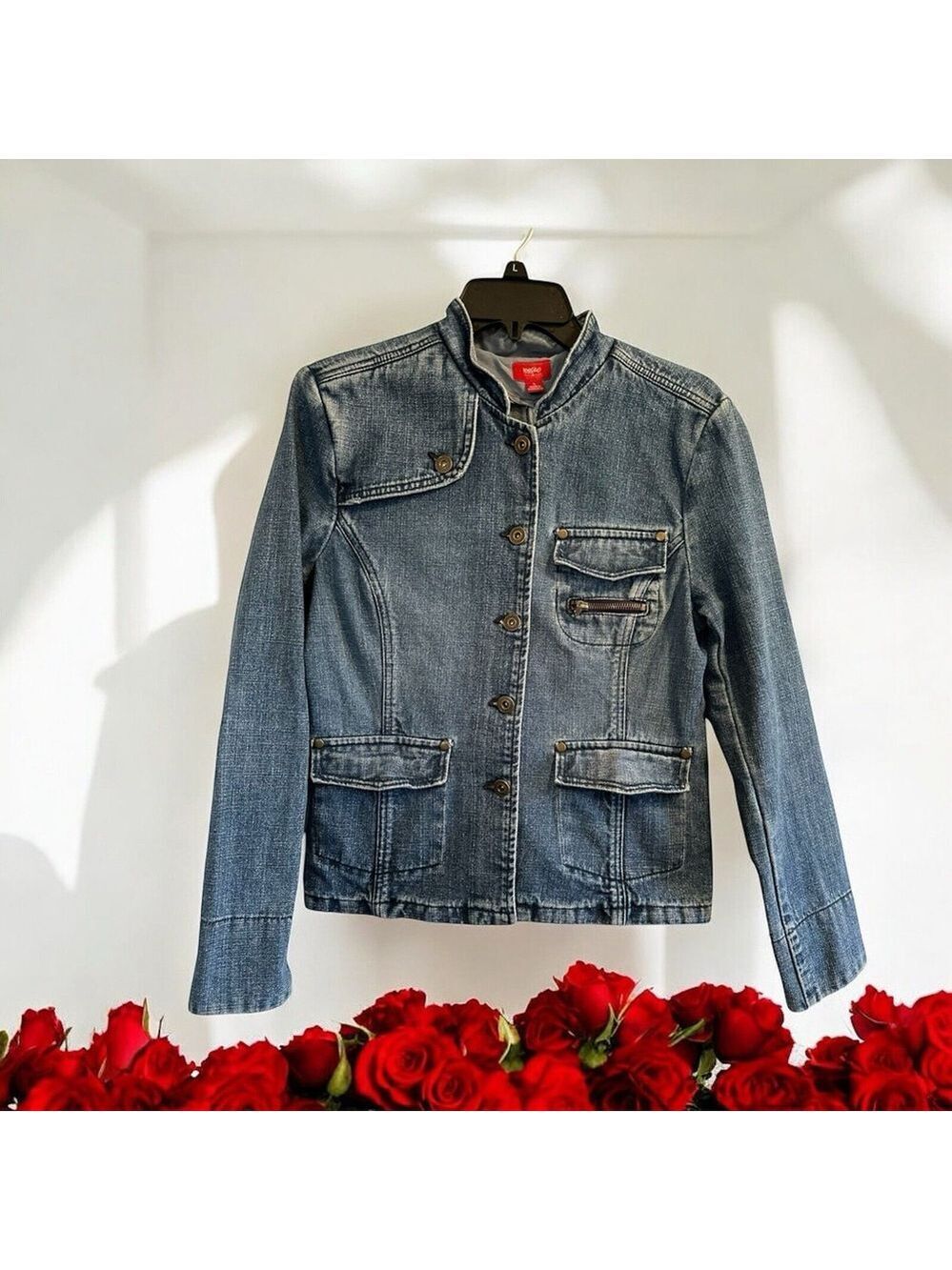 Mossimo Girls L Distressed Denim Button Jacket Blue Zipper Pocket Long Sleeves